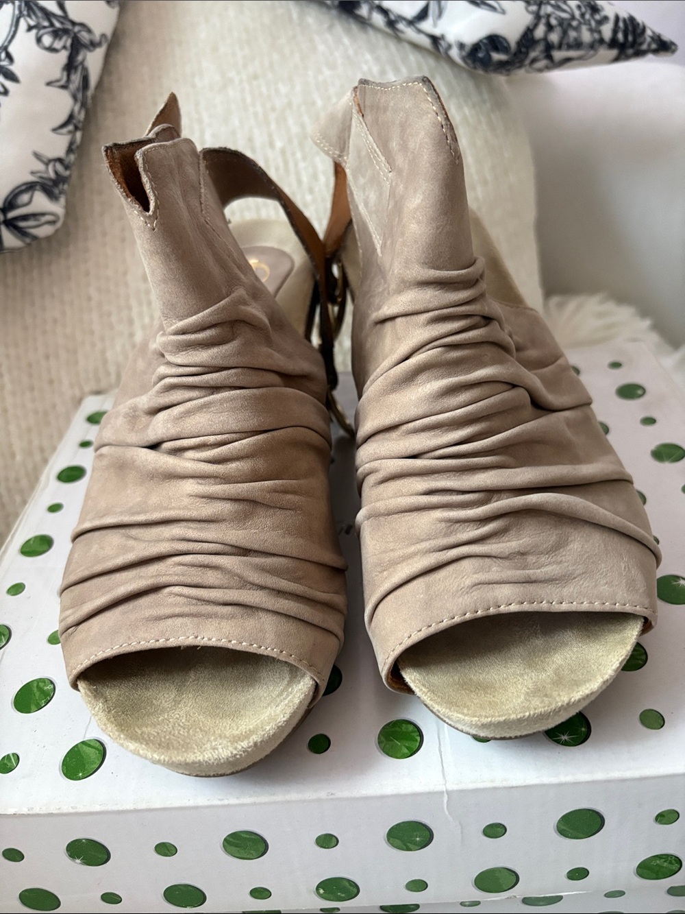 Earthies Taupe Ruched Open-Toe Heels